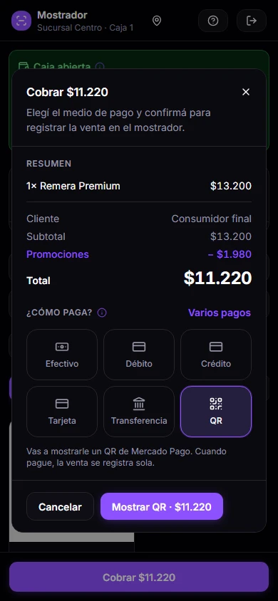 El cobro desde el celular: el resumen de la venta y los medios de pago, con QR de Mercado Pago elegido.