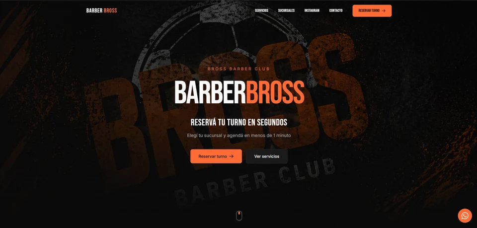 La landing de Barber Bross: portada oscura con el logo y el botón para reservar turno.