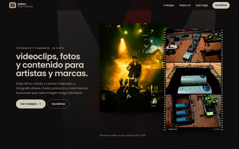 El portfolio de Julián Gallardo: portada con una foto de show, su showreel en cinta de película y el título Videoclips, fotos y contenido para artistas y marcas.